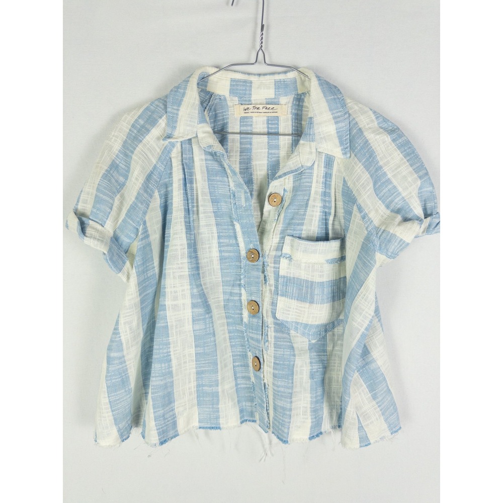 We The Free Linen Blend Striped Button Up Shirt Womens S Blue White Boho Coast